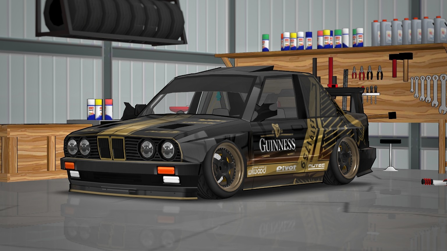 Black and gold FR Legends drift car with racing livery in a garage